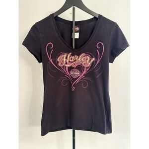 Harley-Davidson Women's T-Shirt M Black Pink Heart Graphic Made in USA Barb's NJ
